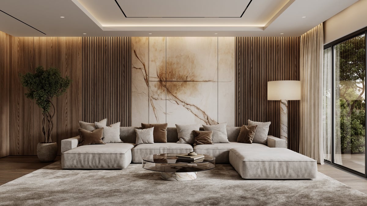 Luxury renovated living room with elegant modern design and fireplace
