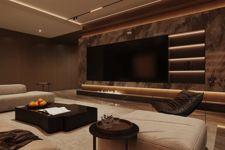 Modern living room renovation showcasing feature wall with TV, wood accents, and modern fireplace