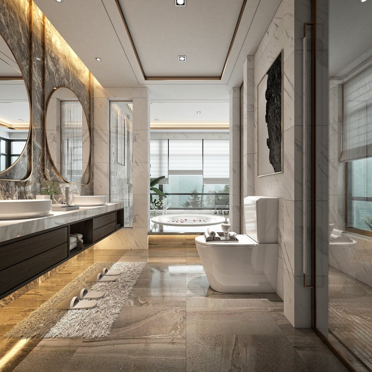 Luxury bathroom interior with freestanding tub and spa-like design