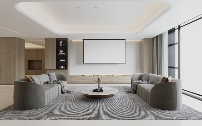 Modern minimalist living room with cozy seating and home theater setup