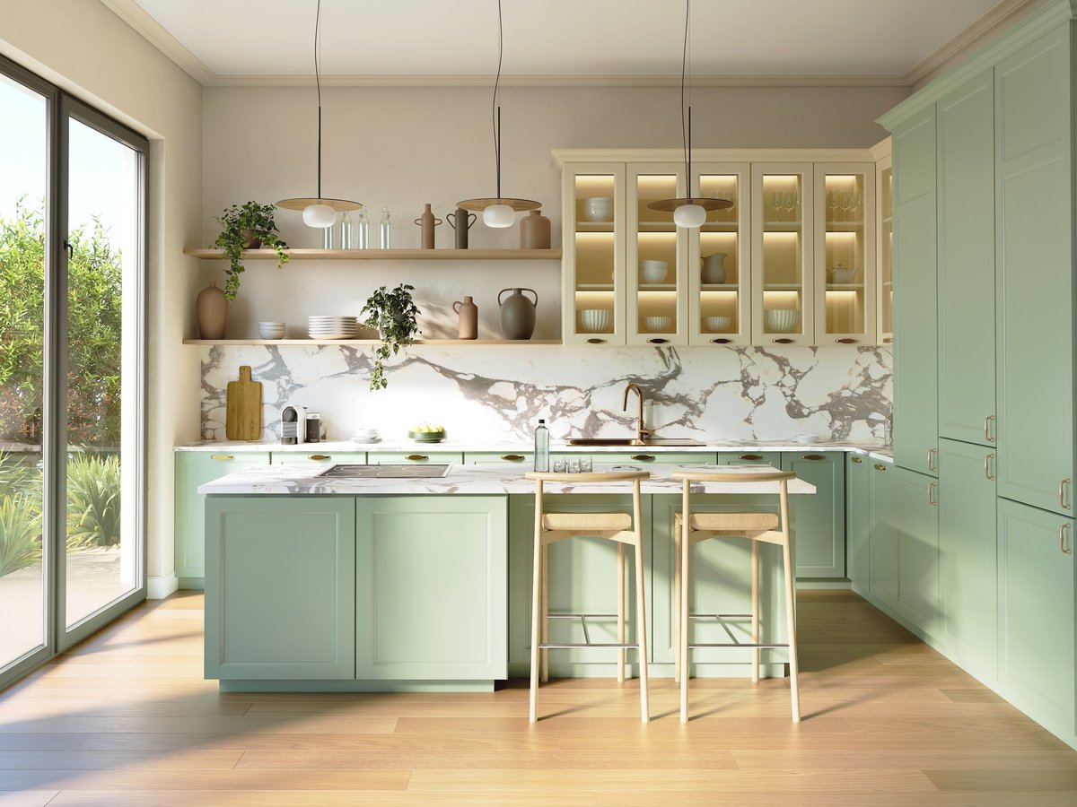 Rustic country kitchen with white marble, island and wood floor - sustainable natural materials
