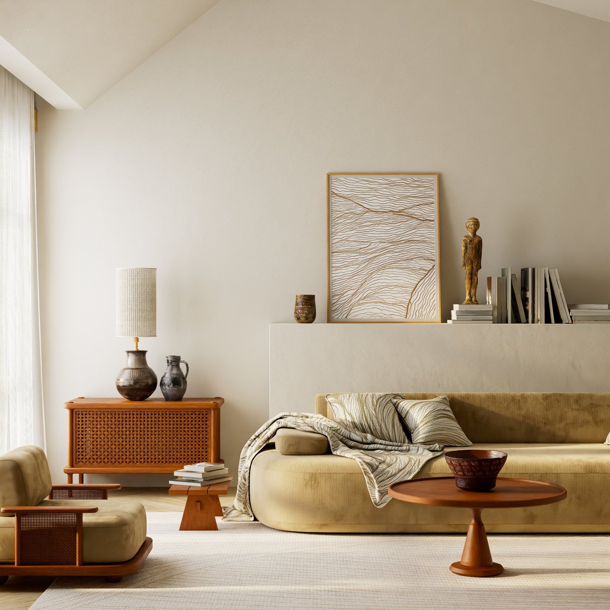 Warm beige Japandi interior design featuring wooden furniture and natural light