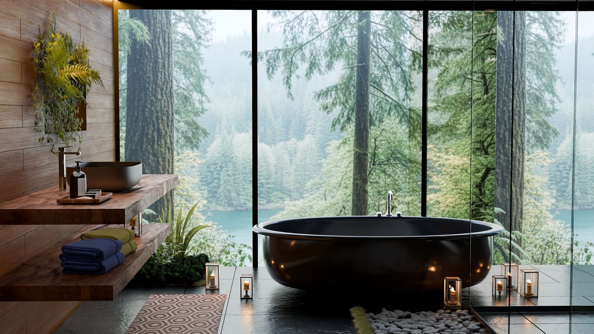 Luxury spa bathroom interior with black freestanding bathtub and wood details