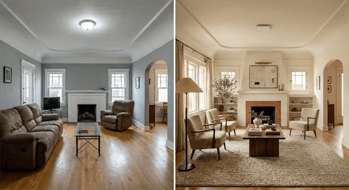 Side-by-side comparison of living rooms showing before and after interior design transformations